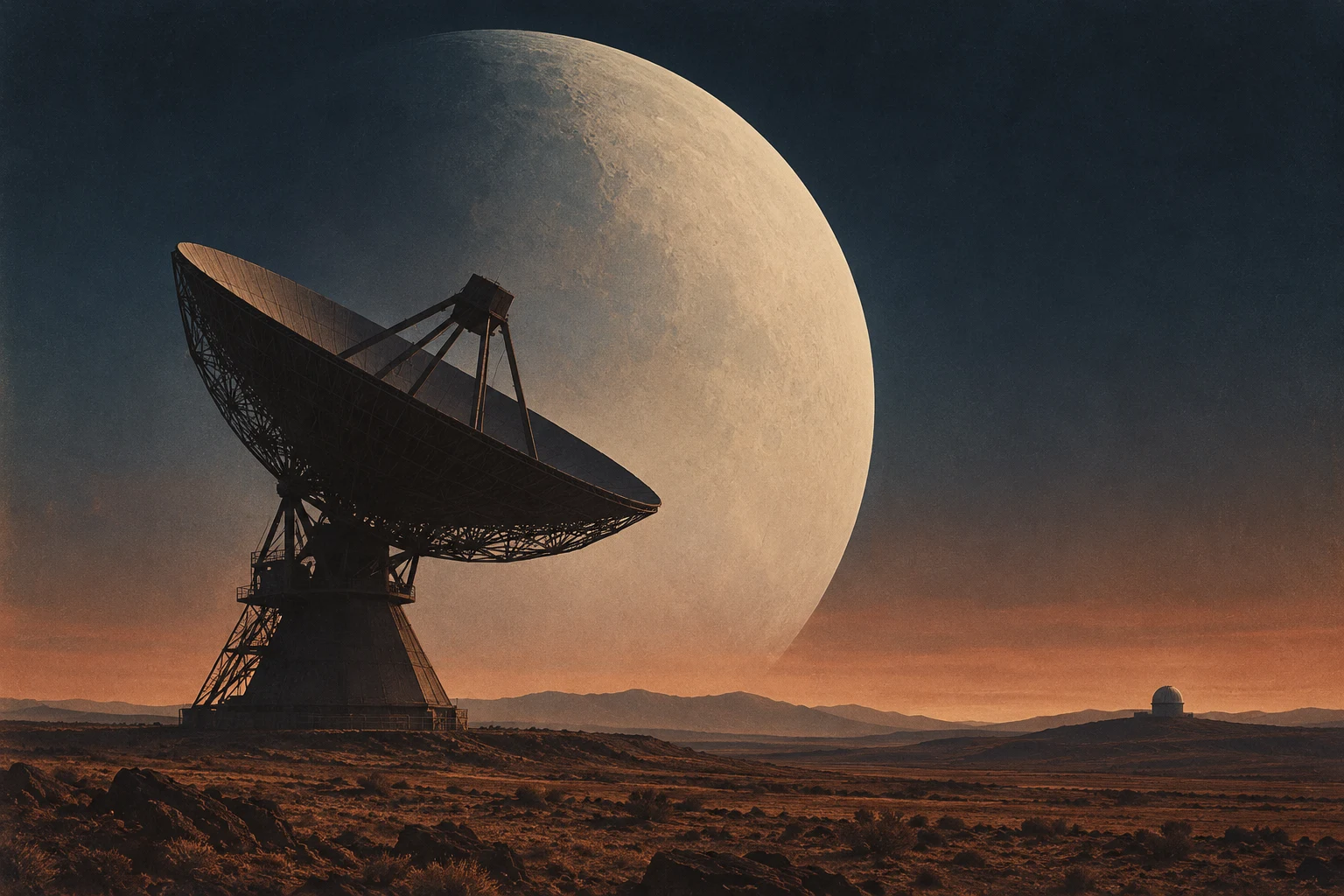 An imagined desert observatory and monumental radio telescope beneath a pale celestial disc.